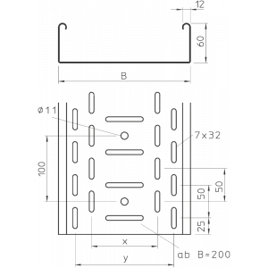 Лоток кабельний, перфорований, з бічною стінкою висотою 60 мм, KCP/KCOP200H60/3